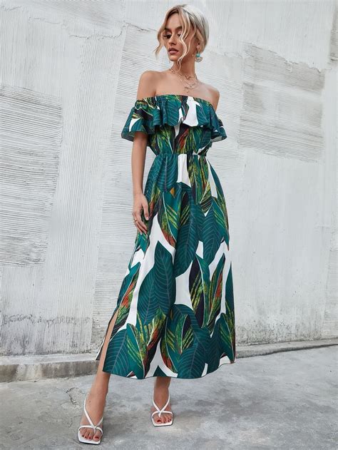 Ruffle Off Shoulder Tropical Print Dress | Tropical dress outfit ...