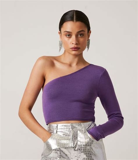 Blusa Cropped Em Tric Decote Ombro S E Manga Longa Roxo