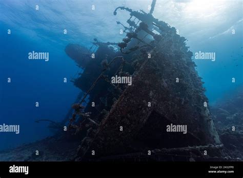 bow   large ship wreck underwater laying   side stock photo