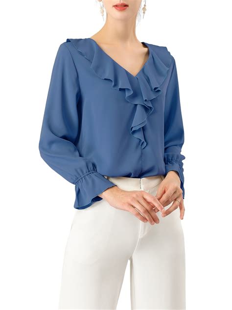 Allegra K Womens Ruffled V Neck Work Elegant Chiffon Long Sleeve Casual Top