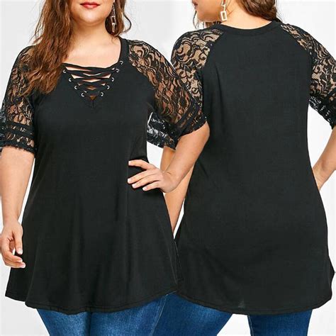 Vonda M 5xl Plus Size Lace Womens Dress Lace Stitching T Shirt Casual