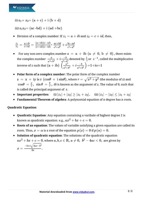 Class 11th Math Complex Numbers And Quadratic Equations Formulas CBSE 2023