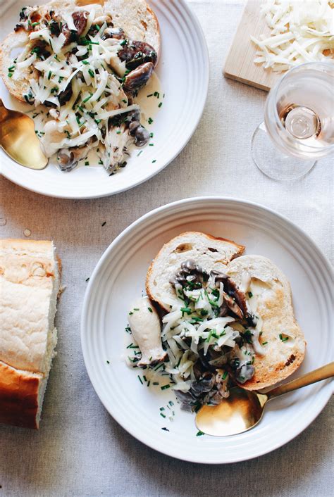 creamy wild mushrooms  crusty bread  cheese bev cooks