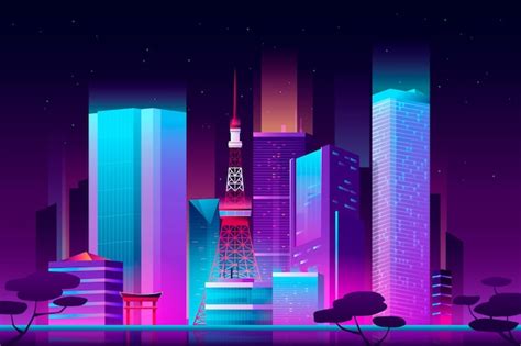 Free Vector | Gradient tokyo skyline with neon lights