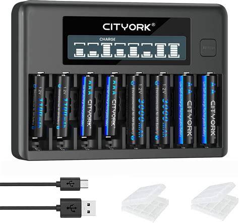 CITYORK Cargador de batería recargable AA AAA de 8 bahías con 4