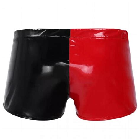 Mens Sexy Open Crotch Glossy Leather Boxer For Sex Shaping Latex Shorts Zipper Crotchless Male