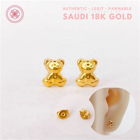 COD PAWNABLE 18k Earrings Saudi Real Pure Gold Teddy Bear Stud Earrings