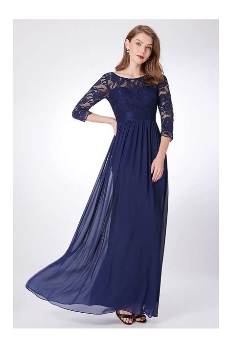 Empire Waist Navy Blue Lace Chiffon Formal Dress Long Sleeves 64 86