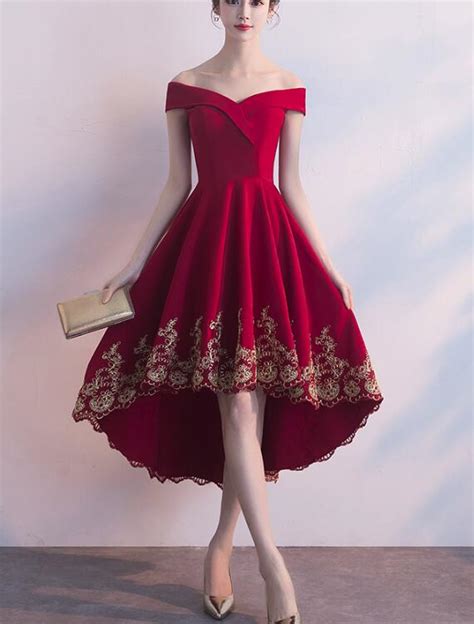 Beautiful Red High Low Party Dress With Gold Applique Stylish Formal