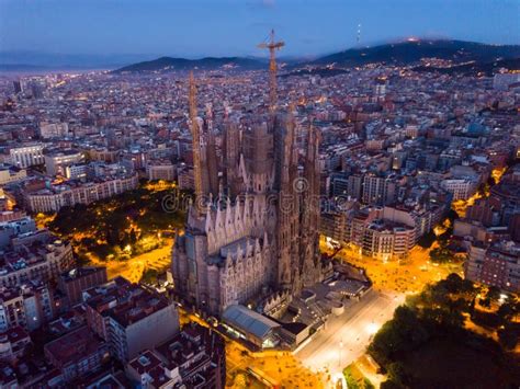 Temple Sagrada Familia at Night from a Drone. Barcelona Editorial Photo ...