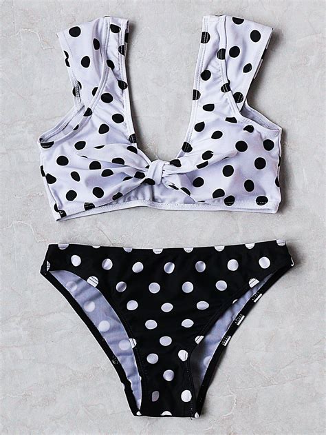 Shop Black And White Polka Dot Bow Detail Bikini Set Online Shein Hot