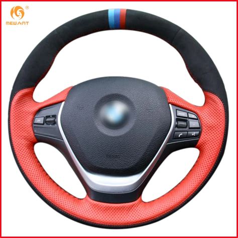 Mewant Red Genuine Leather Black Suede Car Steering Wheel Cover For Bmw