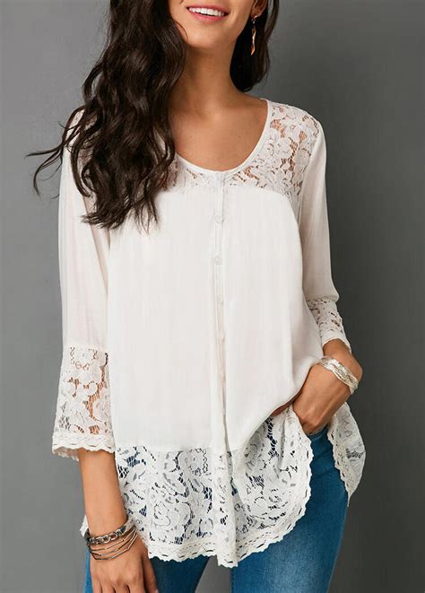 Solid Lace Splicing Three Quarter Sleeve Blouse White Fairyseason