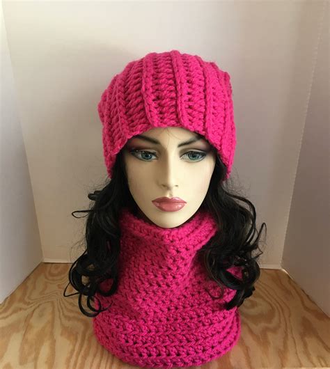 Hot Pink Winter Hat Crochet Hat Women S Crochet Hat Beanie Pom Pom Hat Fold Up Brim Fold Up