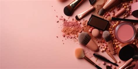 Pincel de maquillaje y cosméticos decorativos sobre un fondo rosa