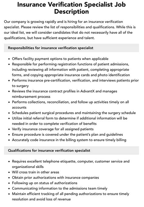 Insurance Verification Specialist Job Description Velvet Jobs