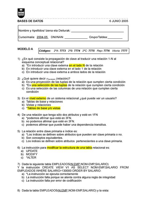 Test Jun A Ejemplo Examen Test Base De Datos I Studocu