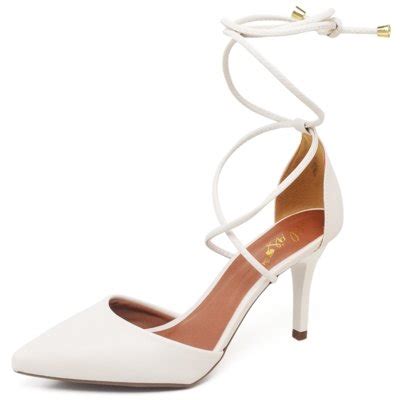 Scarpin Ellas Online Salto Médio Bico Folha Napa Off White Compre