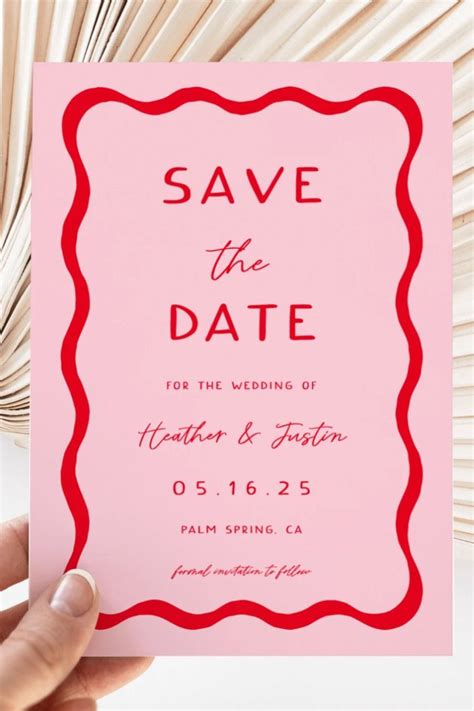 Pink And Red Save The Date Templates Retro Save The Date Cards Wave Invitations Wavy Squiggle