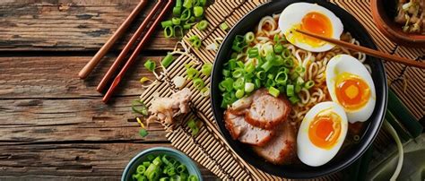 Premium Photo | Japanese Tonkotsu Ramen Ingredients on Bamboo Mat