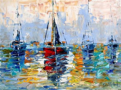 Original Oil Painting Harbor Boats Impressionistic Palette Knife