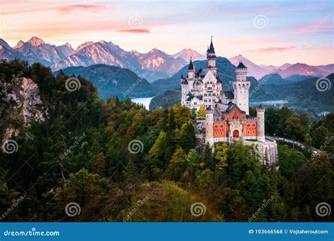 The Famous Neuschwanstein Castle During Sunrise Stock Photo Image Of