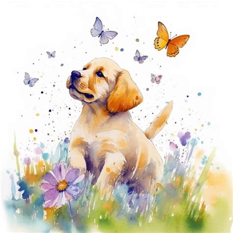 Premium AI Image | Painting of a puppy in a field of flowers with ...