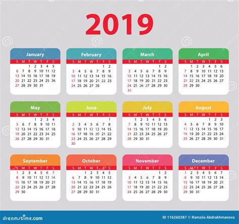 Calendario 2019 La Semana Comienza El Domingo Básico Colorido