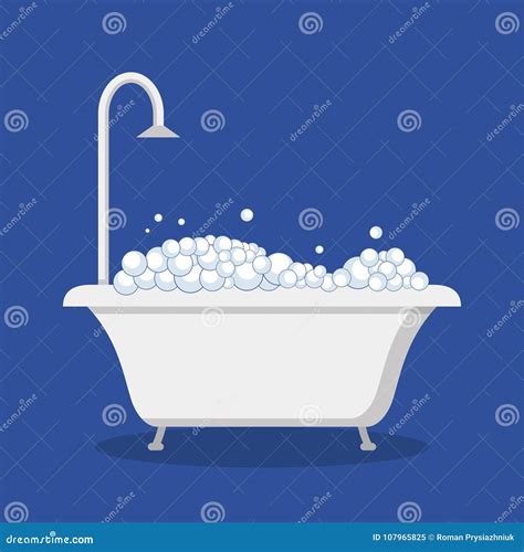 Bathtub With Foam Bubbles And Shower Bathroom Vector Illustration