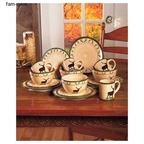 Woodland Dinnerware Set 16 Pc Deer Hunting Rustic Dishes Mugs Bowls