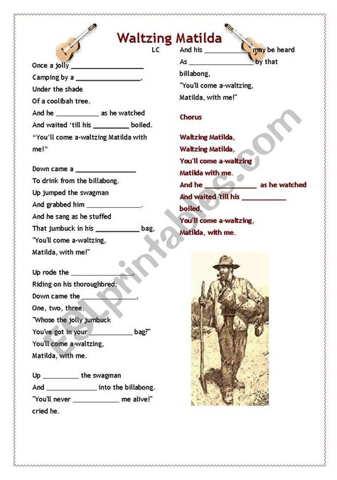 Waltzing Matilda Song Lyrics Esl Worksheet By Poohbear