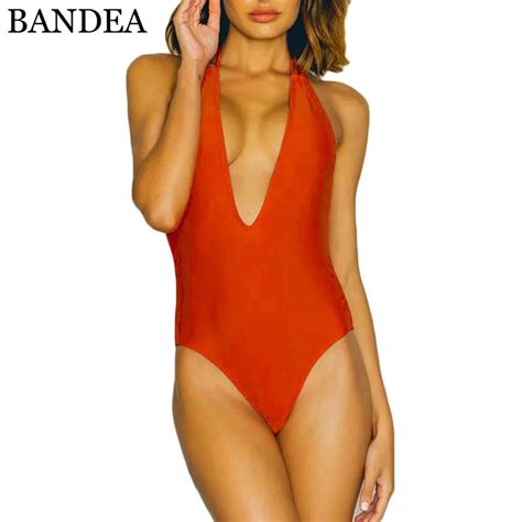 Bandea Solid Swimwear Sexy Women Deep Plunge Backless Halter Bathing