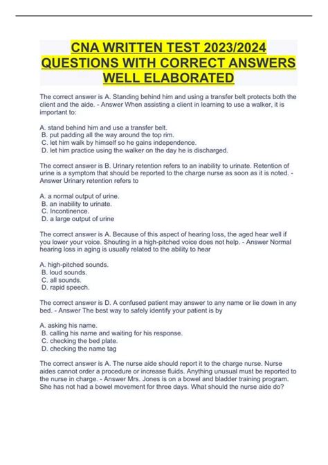 CNA WRITTEN TEST 2023/2024 QUESTIONS WITH CORRECT ANSWERS WELL