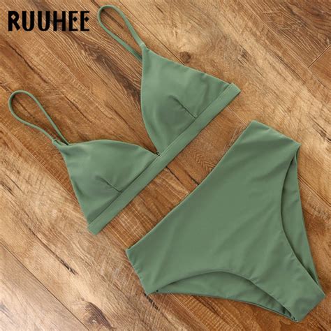 RUUHEE 2022 Bikini Swimwear Swimsuit Women Solid Bathing Suit Green