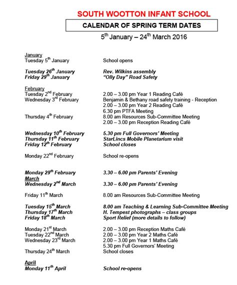 Spring Term Calendar - Tally Felicity