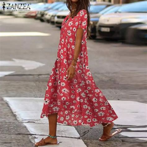 2021 ZANZEA Women Bohemian Floral Printed Sundress Summer Dress V Neck