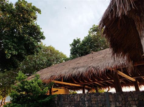 El Exterior De La Casa Con Techo De Paja En La Playa Con Cielo