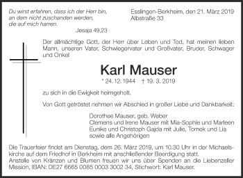 Traueranzeigen Von Karl Mauser Zeit Des Gedenkens De