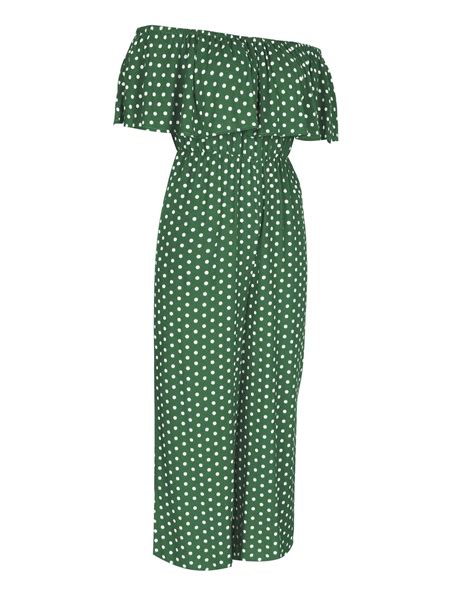 New Green Polka Dot Off Shoulder Ruffle Wide Leg Jumpsuit Women Summer