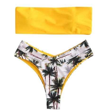 Women Bikini Bandeau Padded Bra Hawaii Coconut Tree Print Swimsuit Set