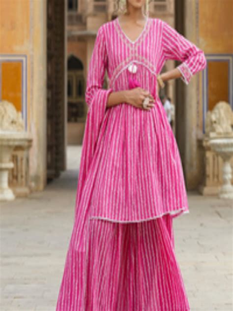 Buy Scakhi Bandhani Printed Pleated Beads And Stones Pure Cotton Kurti With Sharara And Dupatta