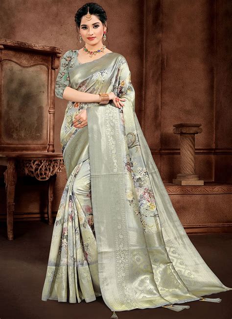 Buy Grey Organza Saree Work Wear Printed Sari Online Shopping