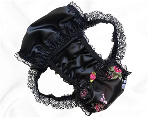 BLACK SATIN FLORAL Silky Sissy Frilly Lace Bikini Tanga Knickers Briefs