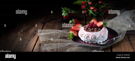 Light Pavlova With Fresh Fruits And Chocolate Stock Photo Alamy