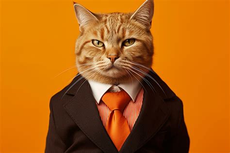 Portrait Of A Cat In A Suit And Tie On Orange Background Stock