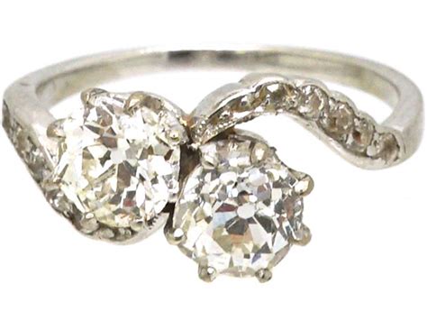 Edwardian Platinum Two Stone Diamond Crossover Ring With Diamond Set