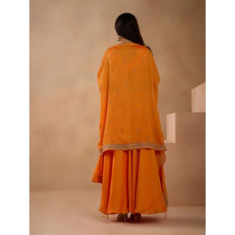 Buy Gajra Gang Chand Sitara Orange Embroidered Top Skirt And Overlay