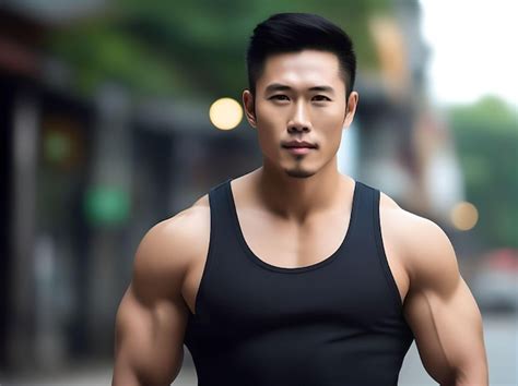 Premium Photo Muscular Handsome Asian Guy With Tank Top Looking At