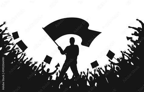 Crowd Of People Silhouettes Man With Flag And Crowd Of Protesters With