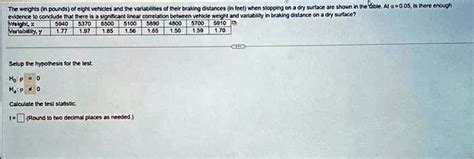 The Weights In Pounds Of Eight Vehicles And The Variables Of The